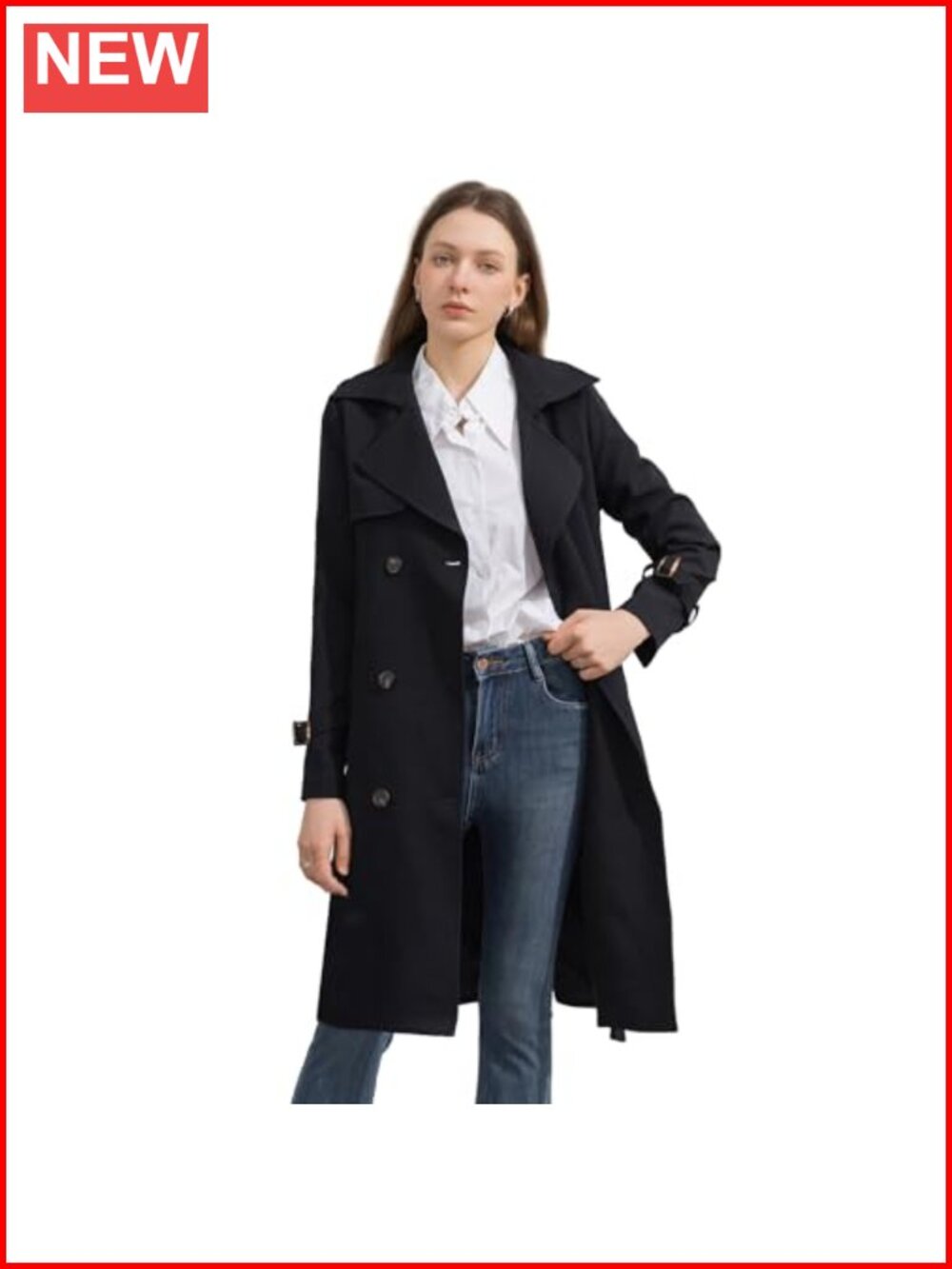 Women's Double Breasted Trench Coat Knee Length Belted Overcoat